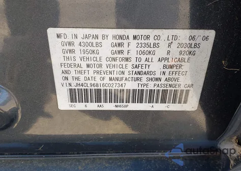 2006 Acura Tsx from USA, damaged, VIN JH4CL96816C027347